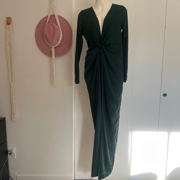 Fashion Nova Emerald Green Deep V Sexy Plunge Dress with High Slit Large - Picture 2 of 3